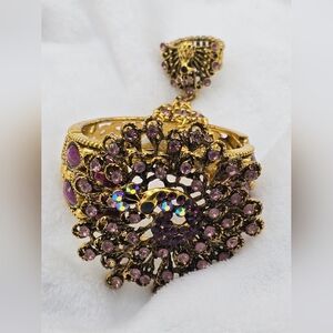 Beautiful costume gold hand chain purple Peacock bracelet with connected ring
